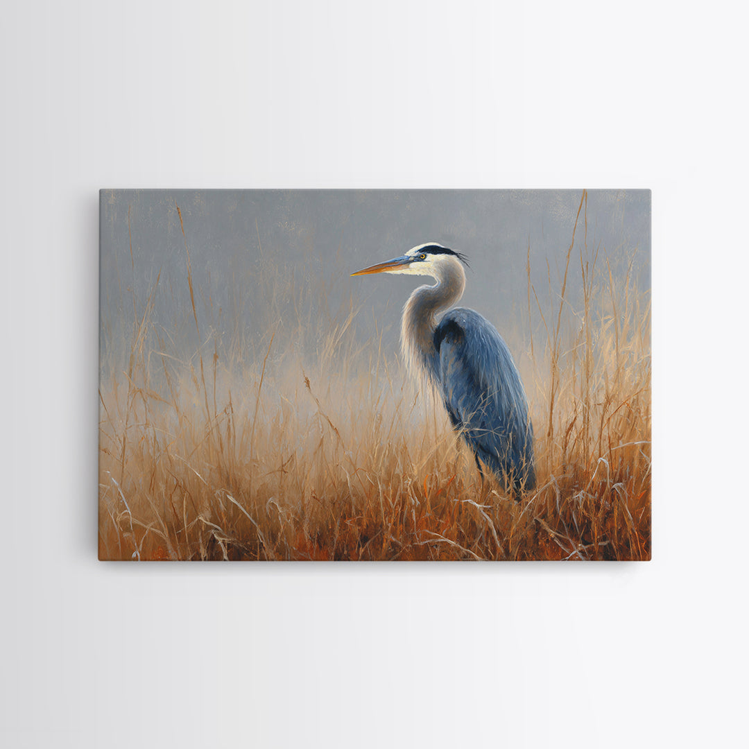 Blue Heron in Misty Marsh Grass Framed Canvas Print, Bird Art, Digital Download Art, Living Room Decor, Fine Art, Flight, BIR-3x2-78