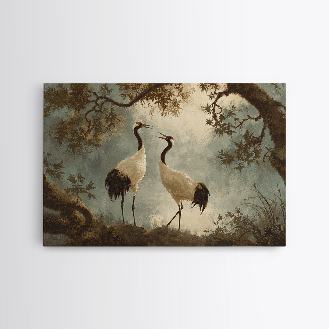 Pair of Cranes Dancing Framed Canvas Print, Bird Art, Bird Wall Art, Living Room Decor, Watercolor Art, Flight, Art Print, BIR-3x2-79
