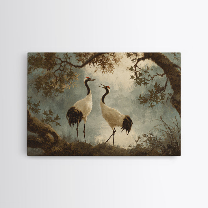 Pair of Cranes Dancing Framed Canvas Print, Bird Art, Bird Wall Art, Living Room Decor, Watercolor Art, Flight, Art Print, BIR-3x2-79