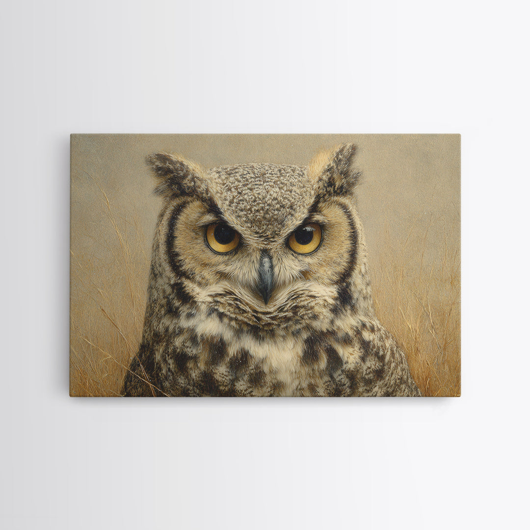 Owl Portrait with Wise Golden Eyes Framed Canvas Print, Bird Art, Bird Wall Art, Living Room Decor, Oil Painting, Flight, BIR-3x2-81