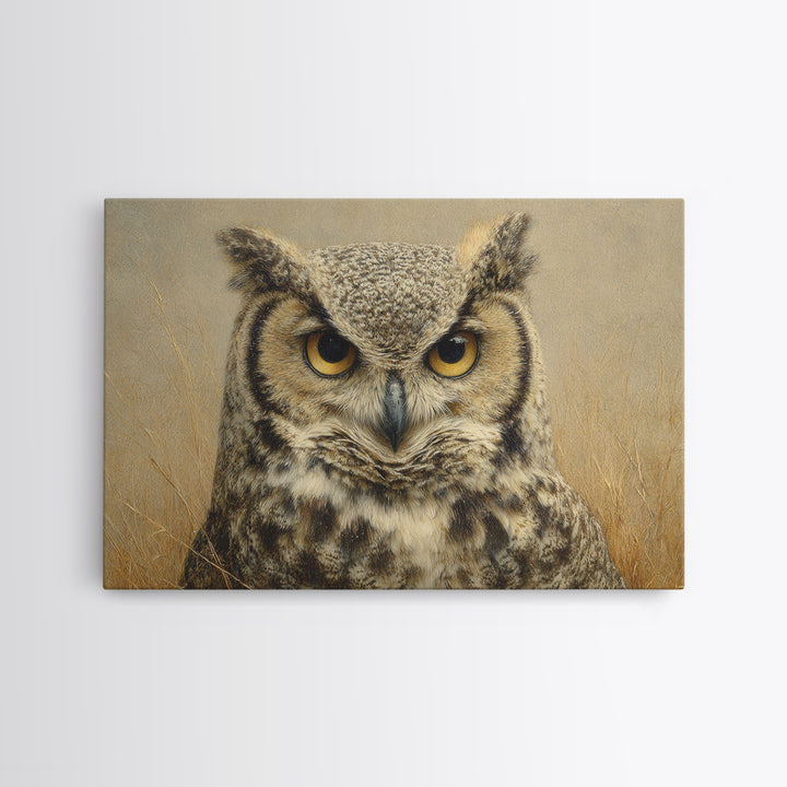Owl Portrait with Wise Golden Eyes Framed Canvas Print, Bird Art, Bird Wall Art, Living Room Decor, Oil Painting, Flight, BIR-3x2-81