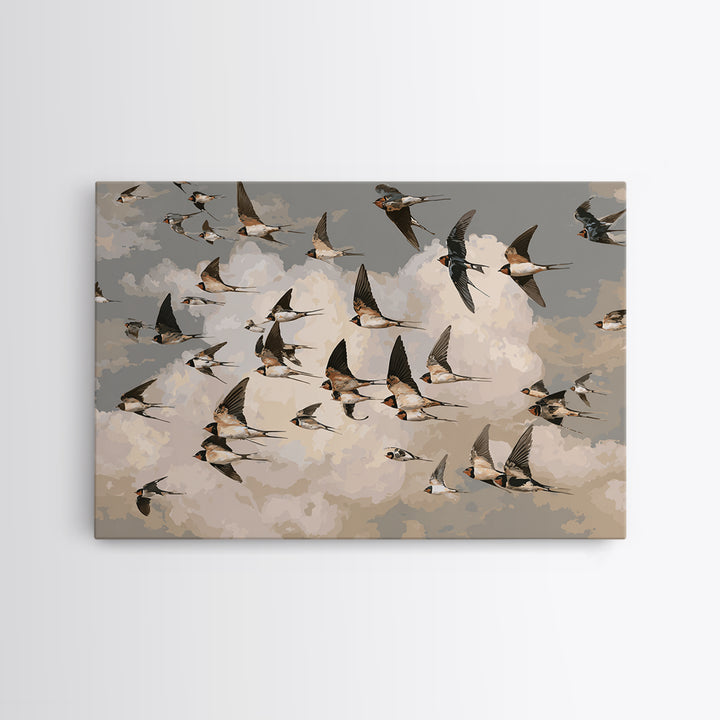 Flock of Swallows Sweeping Across Open Sky Framed Canvas Print, Bird Art, Nature Prints, Living Room Decor, Oil Painting, BIR-3x2-82