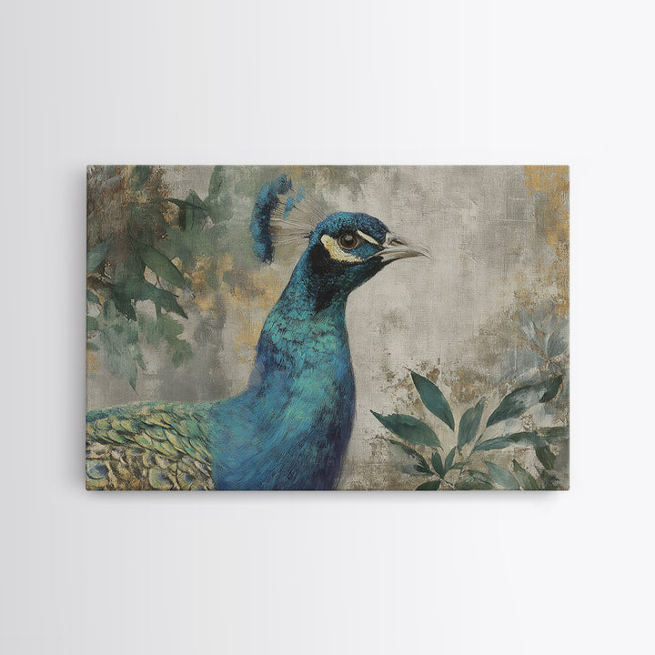 Peacock with Jewel Tone Feather Pattern Canvas Print, Bird Art, Wall Art, Living Room Decor, Flight, Japanese Wall Art, BIR-3x2-83