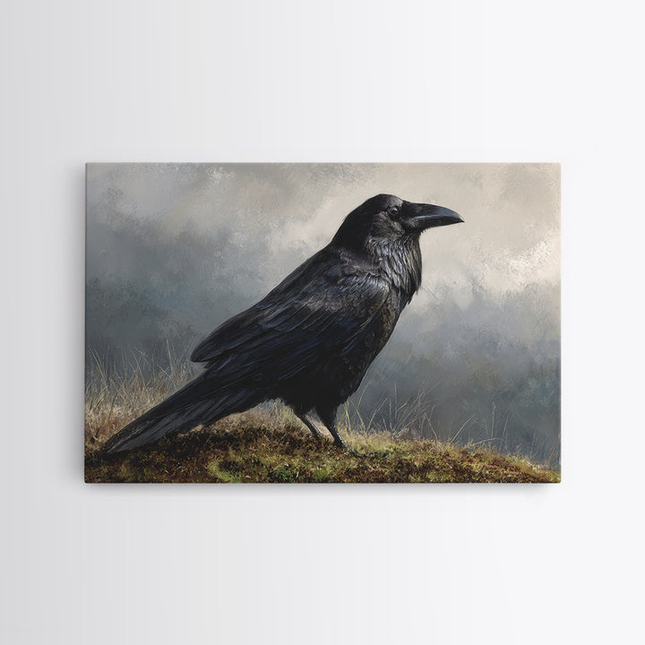 Raven Silhouette with Gothic Atmosphere Framed Canvas Print, Bird Art, Nature Wall Art, Living Room Decor, Fine Art, Flight, BIR-3x2-85