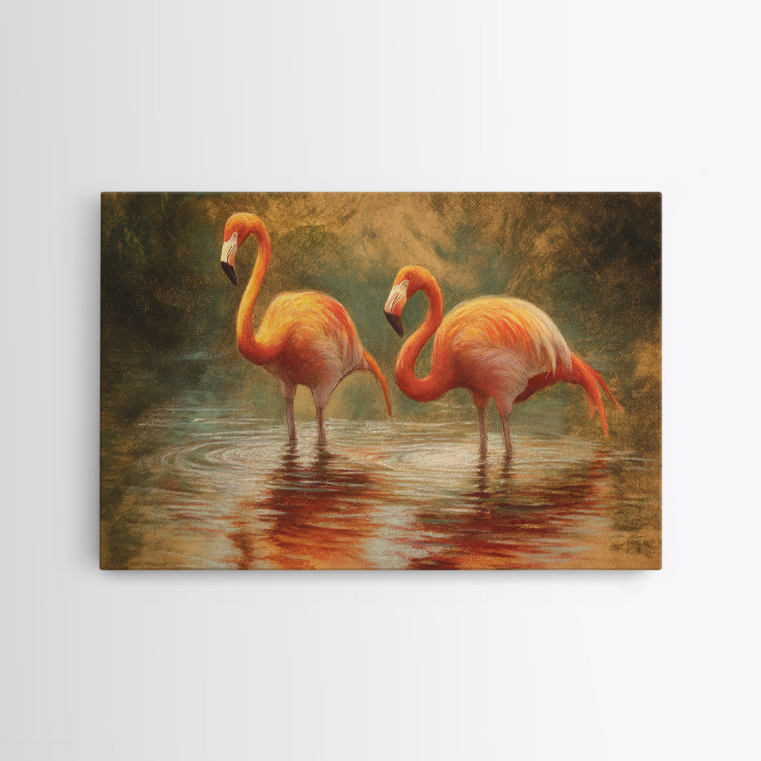Flamingo Pair in Coral Water Reflections Framed Canvas Print, Bird Art, Gallery Wall, Living Room Decor, Fine Art, Flight, BIR-3x2-86