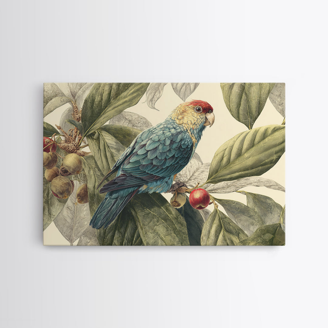Parrot Among Tropical Leaves and Fruit Canvas Print, Bird Art, Rustic Home Decor, Living Room Decor, Oil Painting, Flight, BIR-3x2-89
