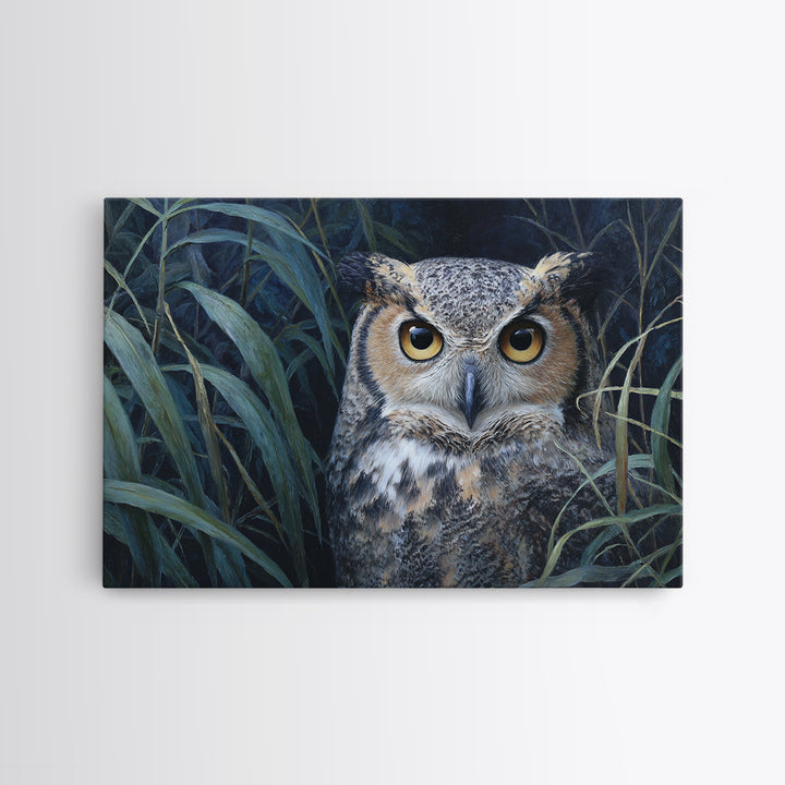 Owl Portrait with Wise Golden Eyes Framed Canvas Print, Bird Art, Boho Wall Decor, Living Room Decor, Fine Art, Flight, BIR-3x2-9