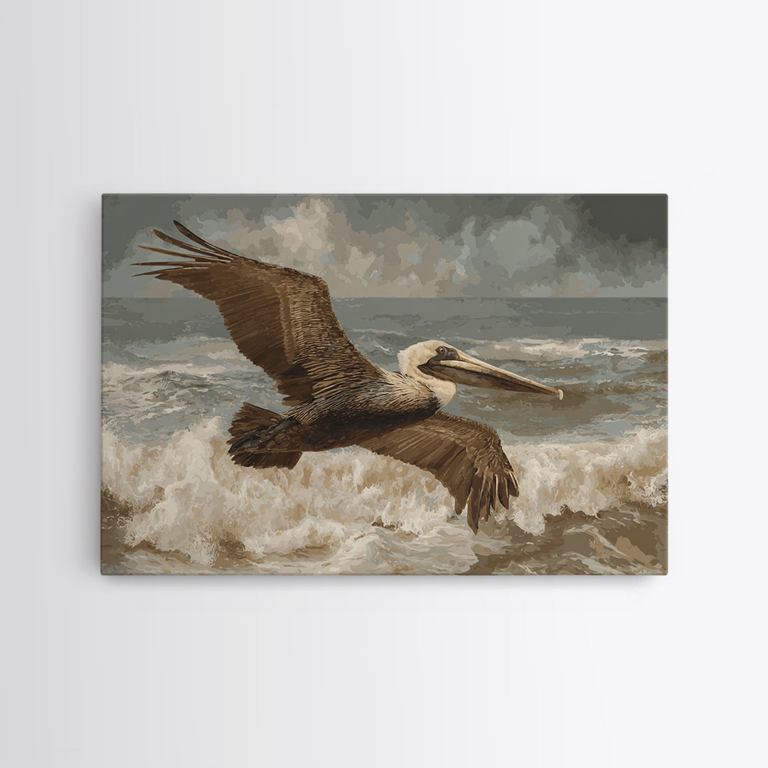 Pelican Flying over Coastal Waves Canvas Print, Bird Art, Bird Prints, Living Room Decor, Abstract Art, Flight, Modern Decor, BIR-3x2-94