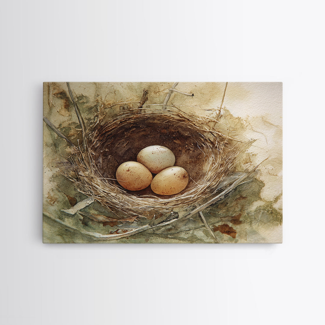 Bird Nest with Eggs and Delicate Twigs Canvas Print, Bird Art, Mid Century Wall Art, Living Room Decor, Fine Art, Flight, BIR-3x2-98