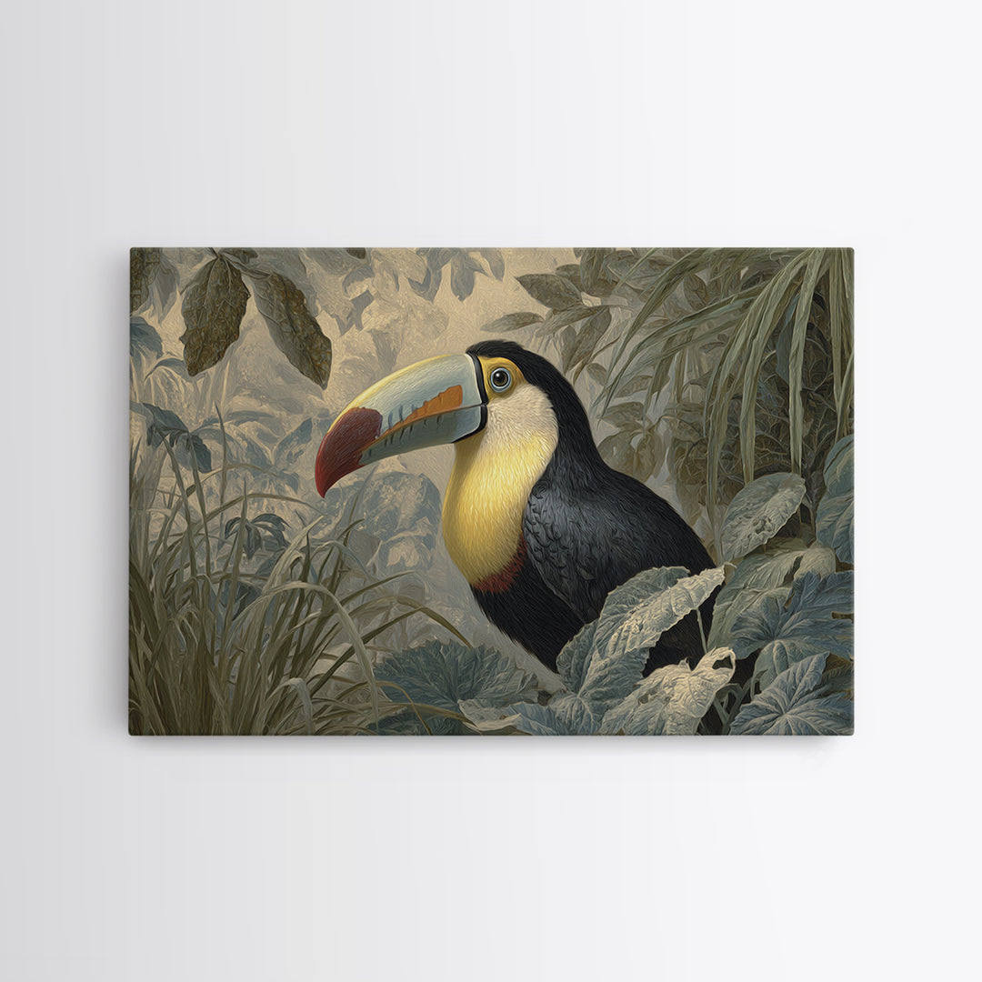Toucan Framed by Bold Jungle Foliage Framed Canvas Print, Bird Art, Minimalist Decor, Living Room Decor, Fine Art, Flight, BIR-3x2-99