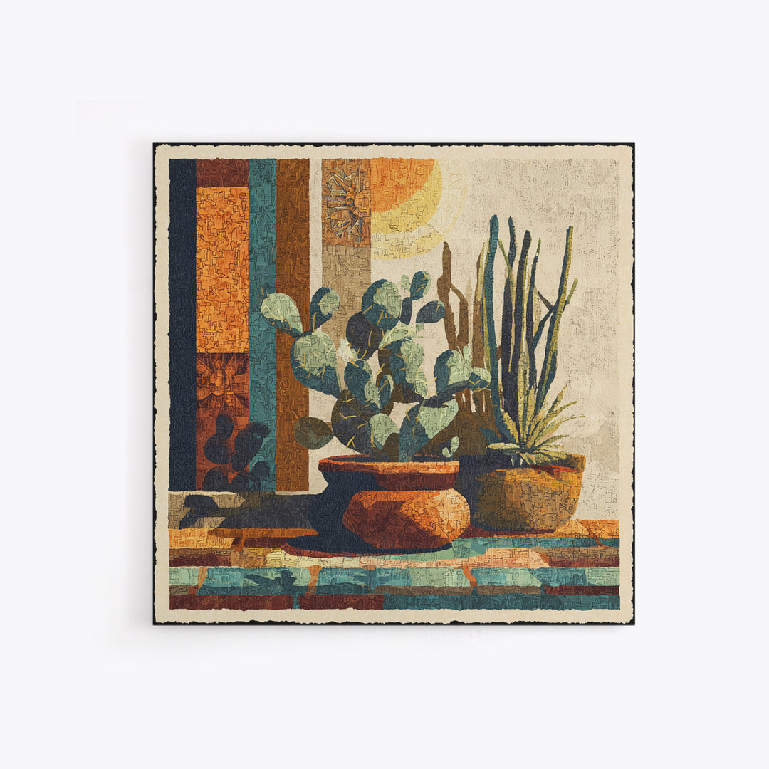 Desert Sun with Cactus and Warm Clay Framed Canvas Print, Boho Art, Textured Painting, Living Room Decor, Fine Art, Bohemian, BOH-1x1-1
