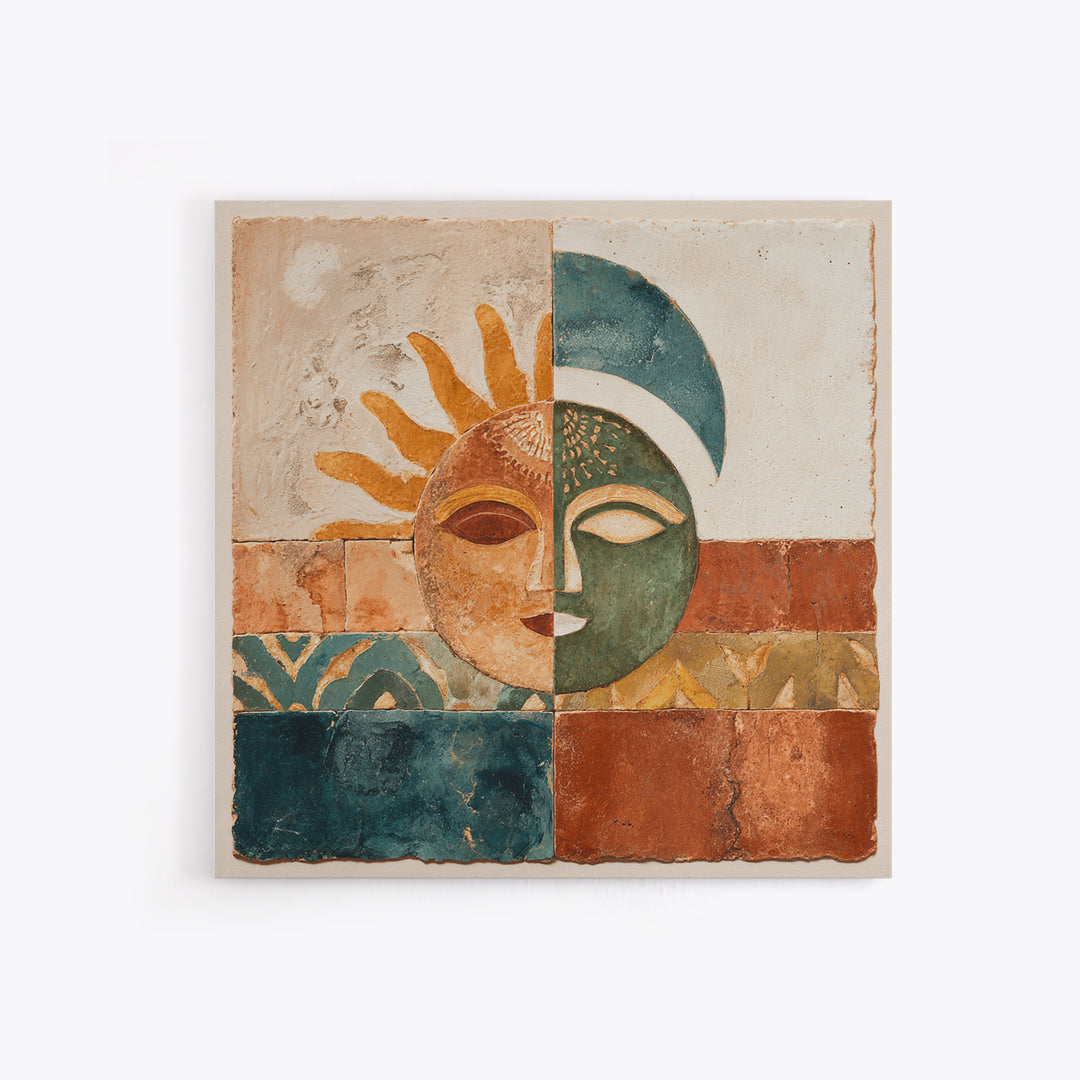 Sun and Moon Celestial Folk Motif Canvas Print, Boho Art, Wall Print, Living Room Decor, Fine Art, Bohemian, Minimalist Decor, BOH-1x1-10