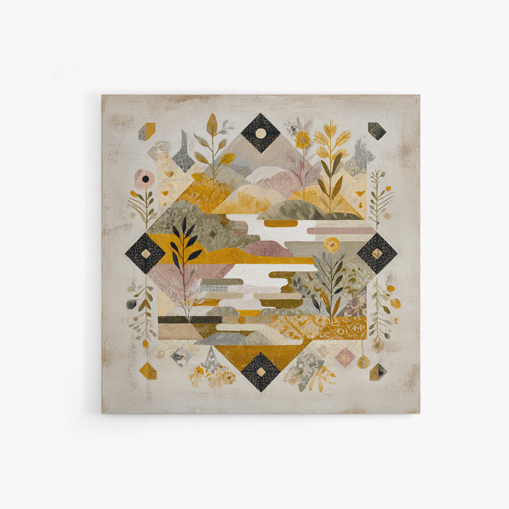Earth Tone Mountain and River Abstraction Framed Canvas Print, Boho Art, Art Nouveau, Living Room Decor, Fine Art, Bohemian, BOH-1x1-11