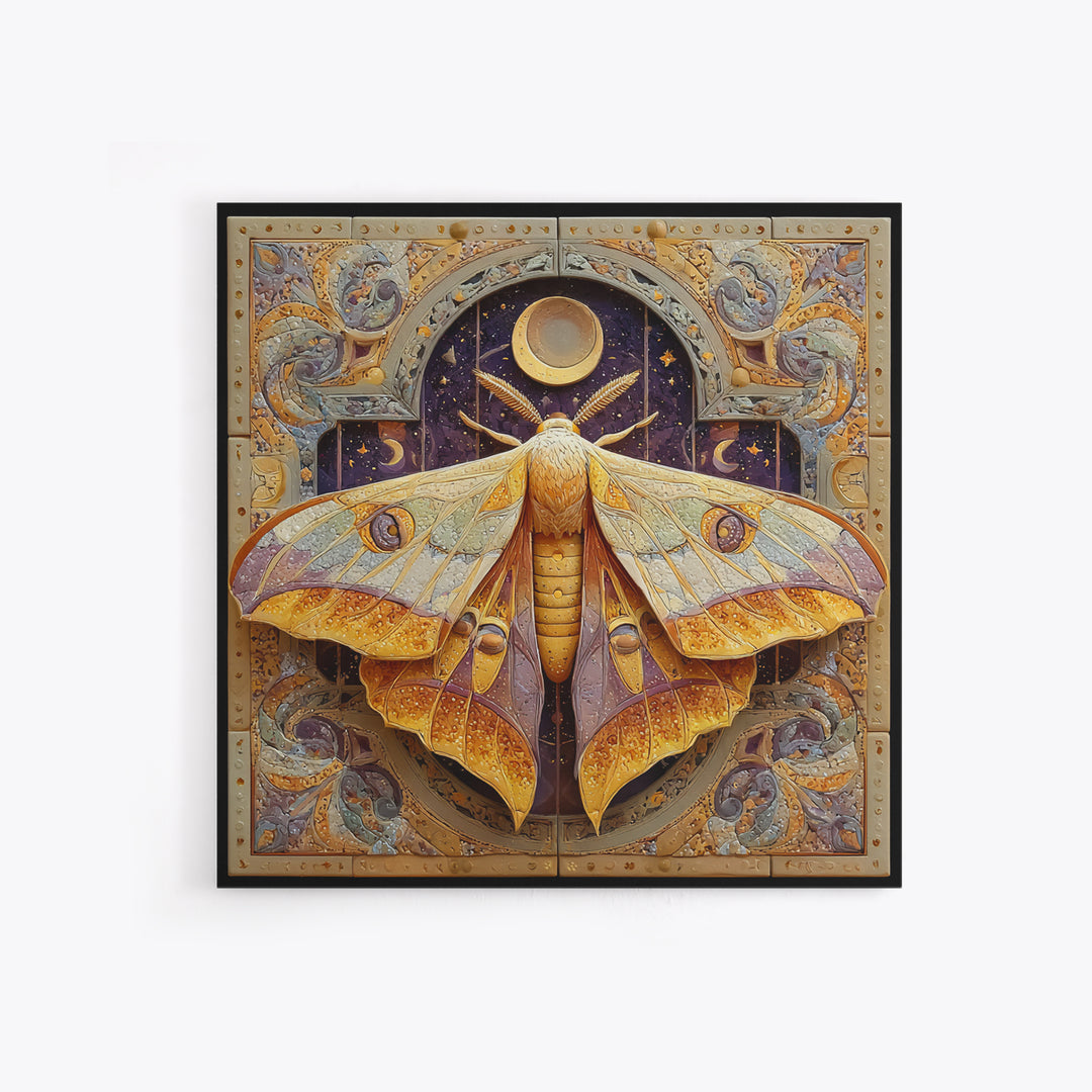 Golden Moth with Moon and Stars Canvas Print, Boho Art, Luxury Decor, Living Room Decor, Fine Art, Bohemian, Digital Art, BOH-1x1-17