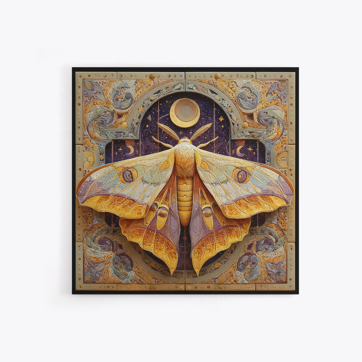 Golden Moth with Moon and Stars Canvas Print, Boho Art, Luxury Decor, Living Room Decor, Fine Art, Bohemian, Digital Art, BOH-1x1-17