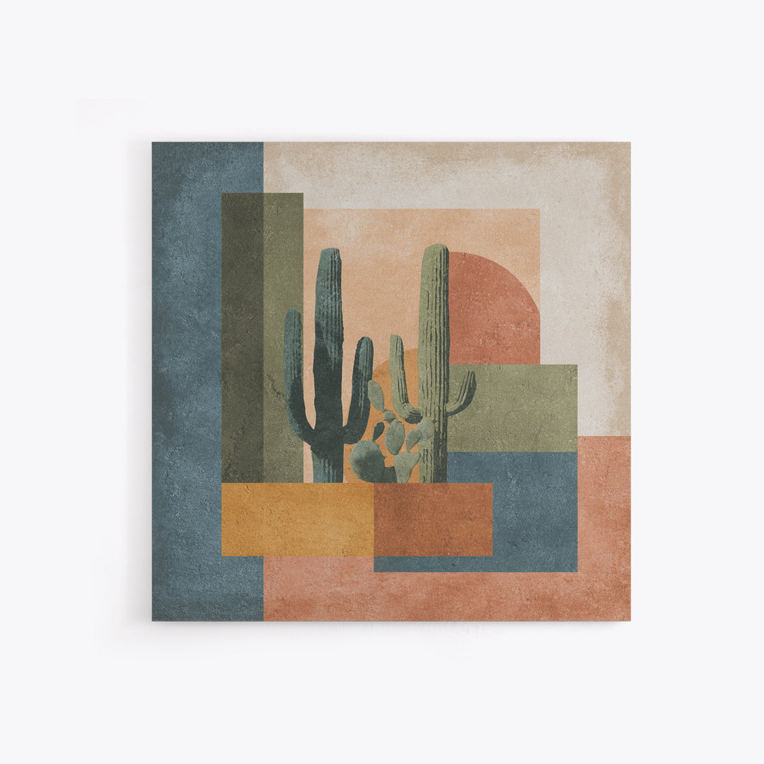 Desert Sun with Cactus and Warm Clay Canvas Print, Boho Art, Art, Living Room Decor, Fine Art, Bohemian, Wallart, Art Nouveau, BOH-1x1-25