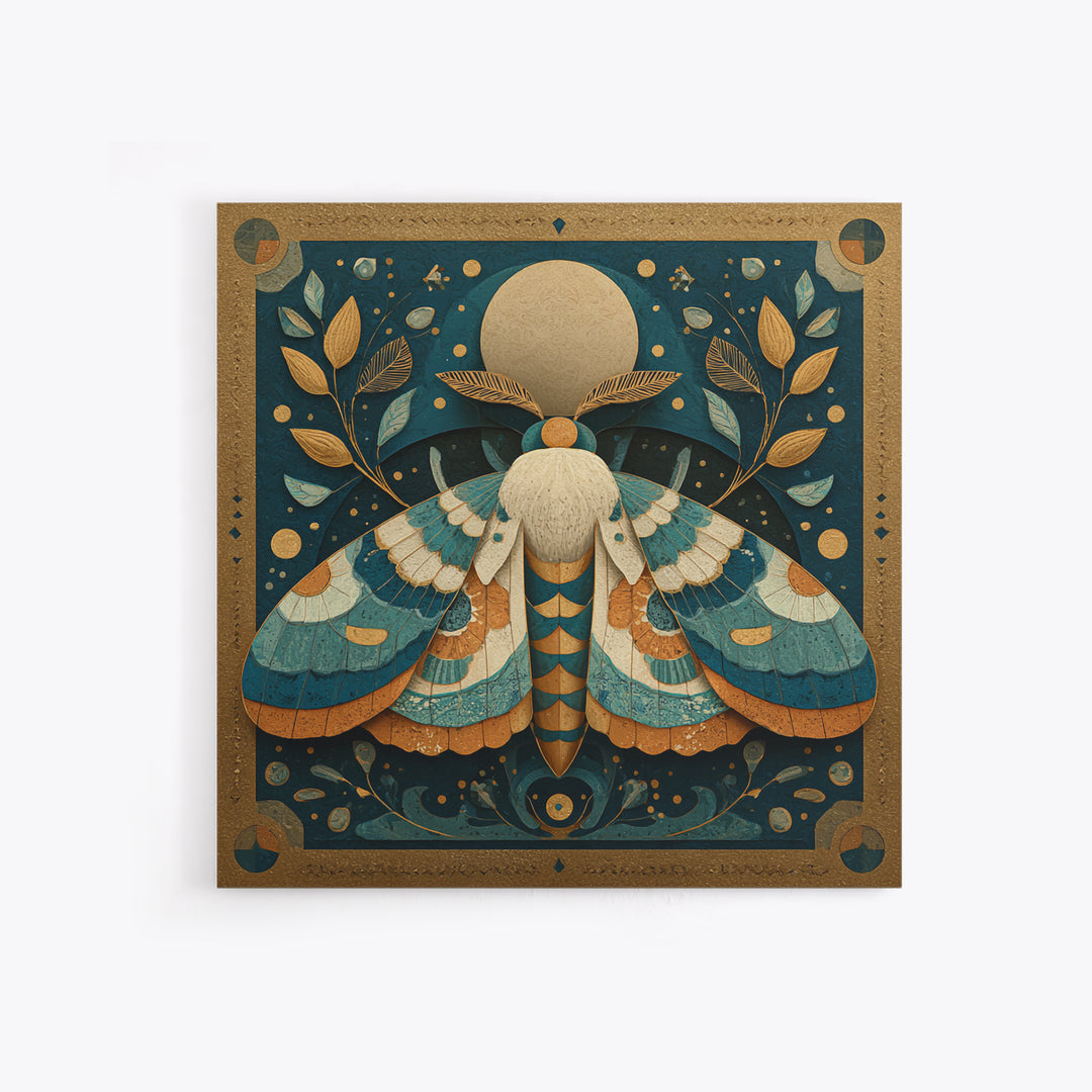 Golden Moth with Moon and Stars Framed Canvas Print, Boho Art, Wall Art, Living Room Decor, Fine Art, Bohemian, Art Deco, BOH-1x1-41