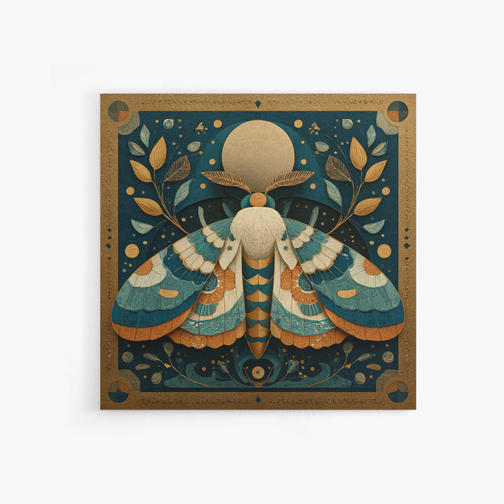 Golden Moth with Moon and Stars Framed Canvas Print, Boho Art, Wall Art, Living Room Decor, Fine Art, Bohemian, Art Deco, BOH-1x1-41