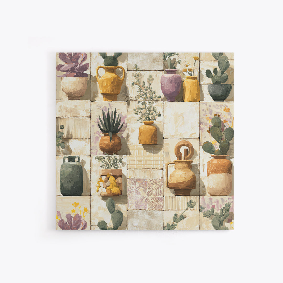 Warm Neutral Cactus Garden Illustration Framed Canvas Print, Boho Art, Wall Art Set, Living Room Decor, Fine Art, Bohemian, BOH-1x1-42