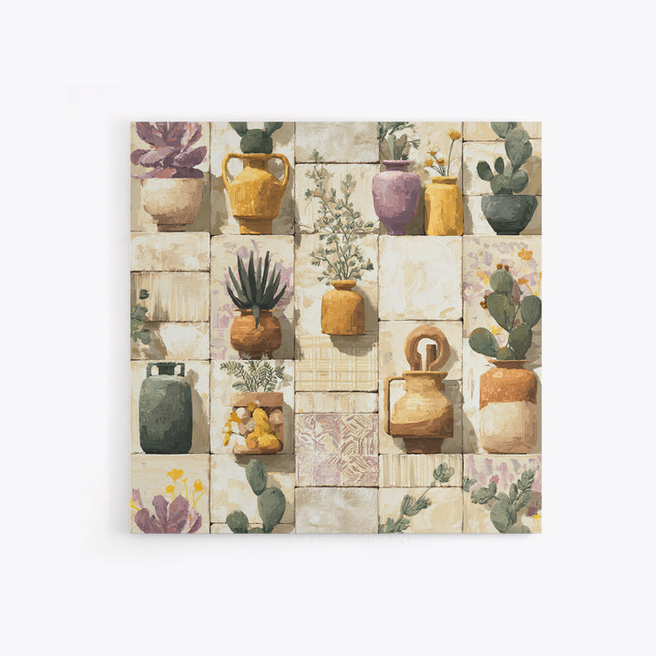 Warm Neutral Cactus Garden Illustration Framed Canvas Print, Boho Art, Wall Art Set, Living Room Decor, Fine Art, Bohemian, BOH-1x1-42