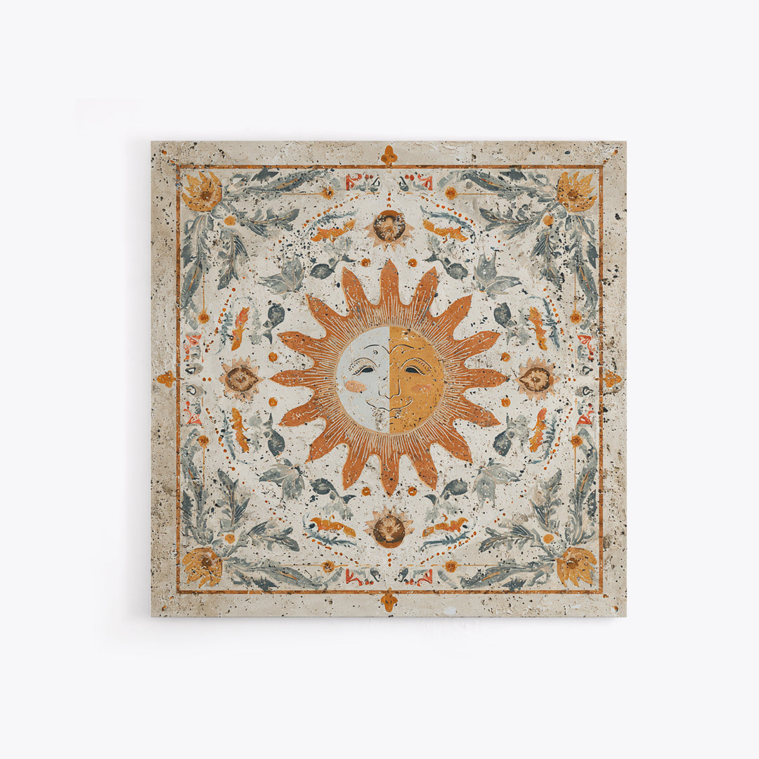 Sun and Moon Celestial Folk Motif Framed Canvas Print, Boho Art, Fine Art Print, Living Room Decor, Watercolor Art, Bohemian, BOH-1x1-58