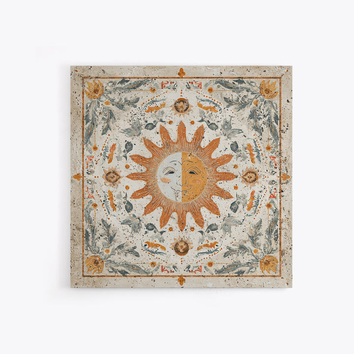Sun and Moon Celestial Folk Motif Framed Canvas Print, Boho Art, Fine Art Print, Living Room Decor, Watercolor Art, Bohemian, BOH-1x1-58