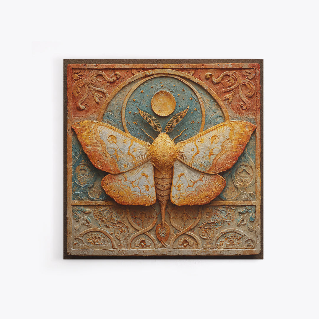 Golden Moth with Moon and Stars Framed Canvas Print, Boho Art, Wall Art, Living Room Decor, Fine Art, Bohemian, Art Deco, BOH-1x1-65