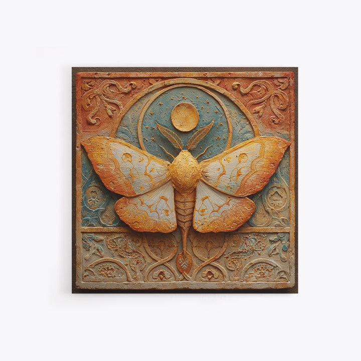 Golden Moth with Moon and Stars Framed Canvas Print, Boho Art, Wall Art, Living Room Decor, Fine Art, Bohemian, Art Deco, BOH-1x1-65