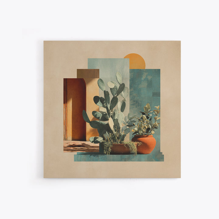 Desert Sun with Cactus and Warm Clay Framed Canvas Print, Boho Art, Printable, Living Room Decor, Watercolor Art, Bohemian, BOH-1x1-73