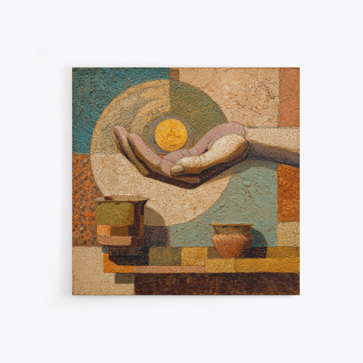 Mystic Hand Holding a Tiny Sun Framed Canvas Print, Boho Art, Textured Painting, Living Room Decor, Fine Art, Bohemian, BOH-1x1-78