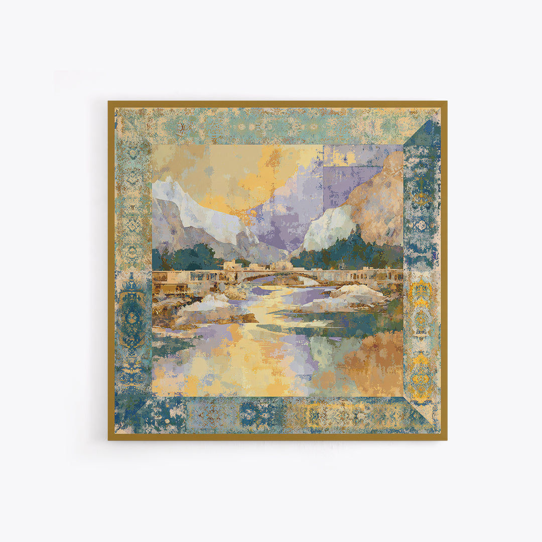 Earth Tone Mountain and River Abstraction Framed Canvas Print, Boho Art, Living Room Decor, Oil Painting, Bohemian, BOH-1x1-83