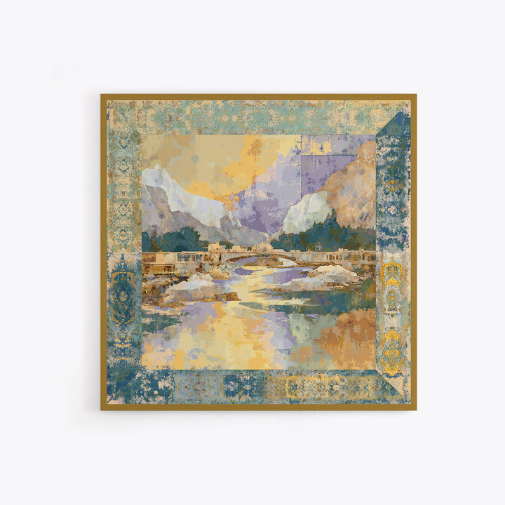 Earth Tone Mountain and River Abstraction Framed Canvas Print, Boho Art, Living Room Decor, Oil Painting, Bohemian, BOH-1x1-83