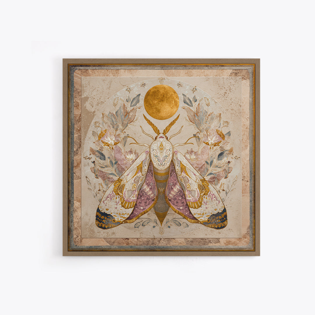 Golden Moth with Moon and Stars Canvas Print, Boho Art, Art Print, Living Room Decor, Fine Art, Bohemian, Digital Print, BOH-1x1-89