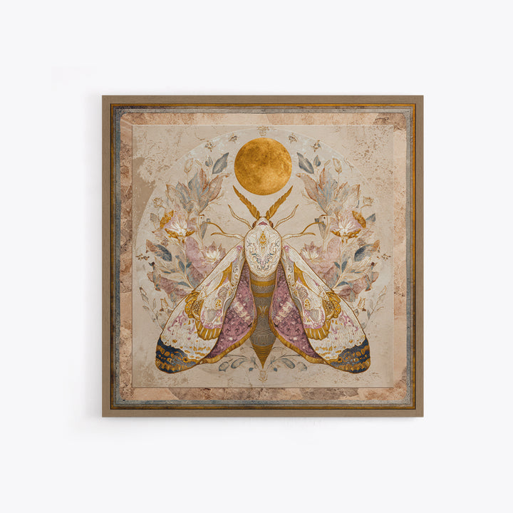 Golden Moth with Moon and Stars Canvas Print, Boho Art, Art Print, Living Room Decor, Fine Art, Bohemian, Digital Print, BOH-1x1-89