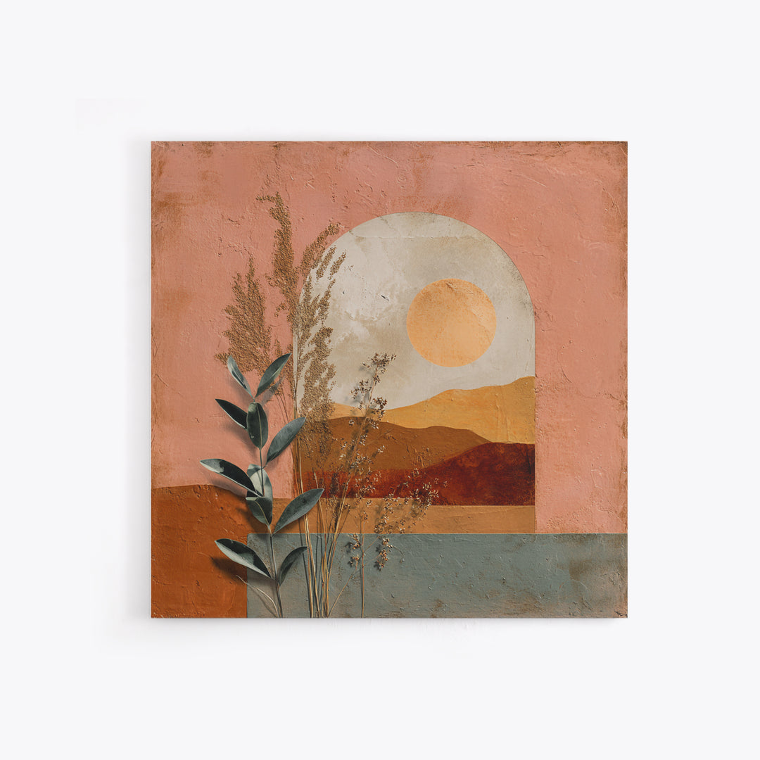 Sunrise over Rolling Dunes in Muted Peach Framed Canvas Print, Boho Art, Digital Art, Living Room Decor, Oil Painting, Bohemian, BOH-1x1-93