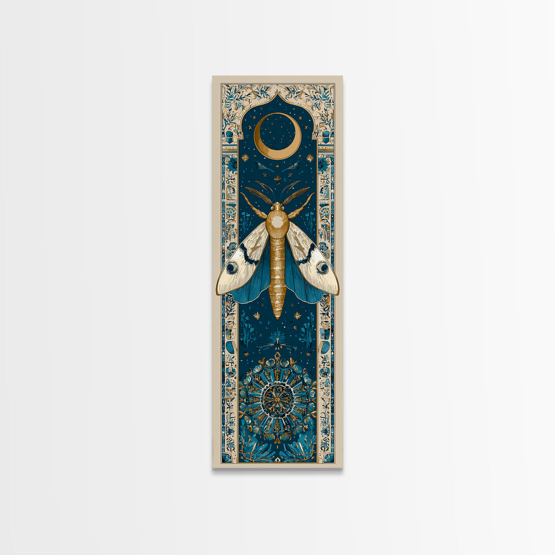 Golden Moth with Moon and Stars Framed Canvas Print, Boho Art, Prints, Living Room Decor, Fine Art, Bohemian, Abstract Art, BOH-1x3-29