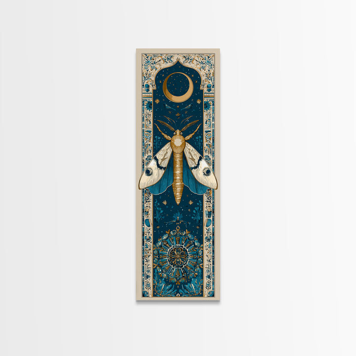 Golden Moth with Moon and Stars Framed Canvas Print, Boho Art, Prints, Living Room Decor, Fine Art, Bohemian, Abstract Art, BOH-1x3-29