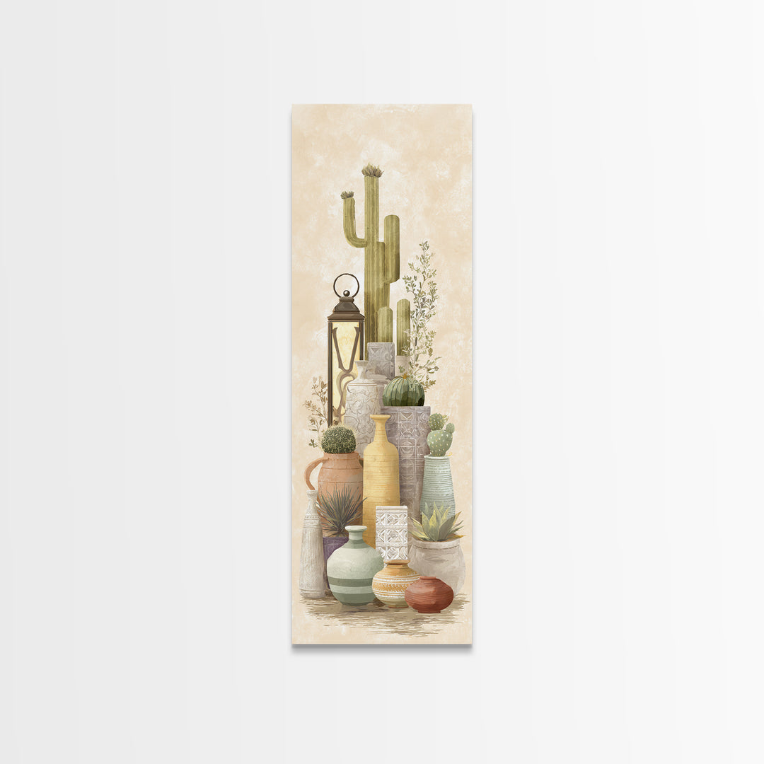 Warm Neutral Cactus Garden Illustration Framed Canvas Print, Boho Art, Fine Art Print, Living Room Decor, Watercolor Art, BOH-1x3-30