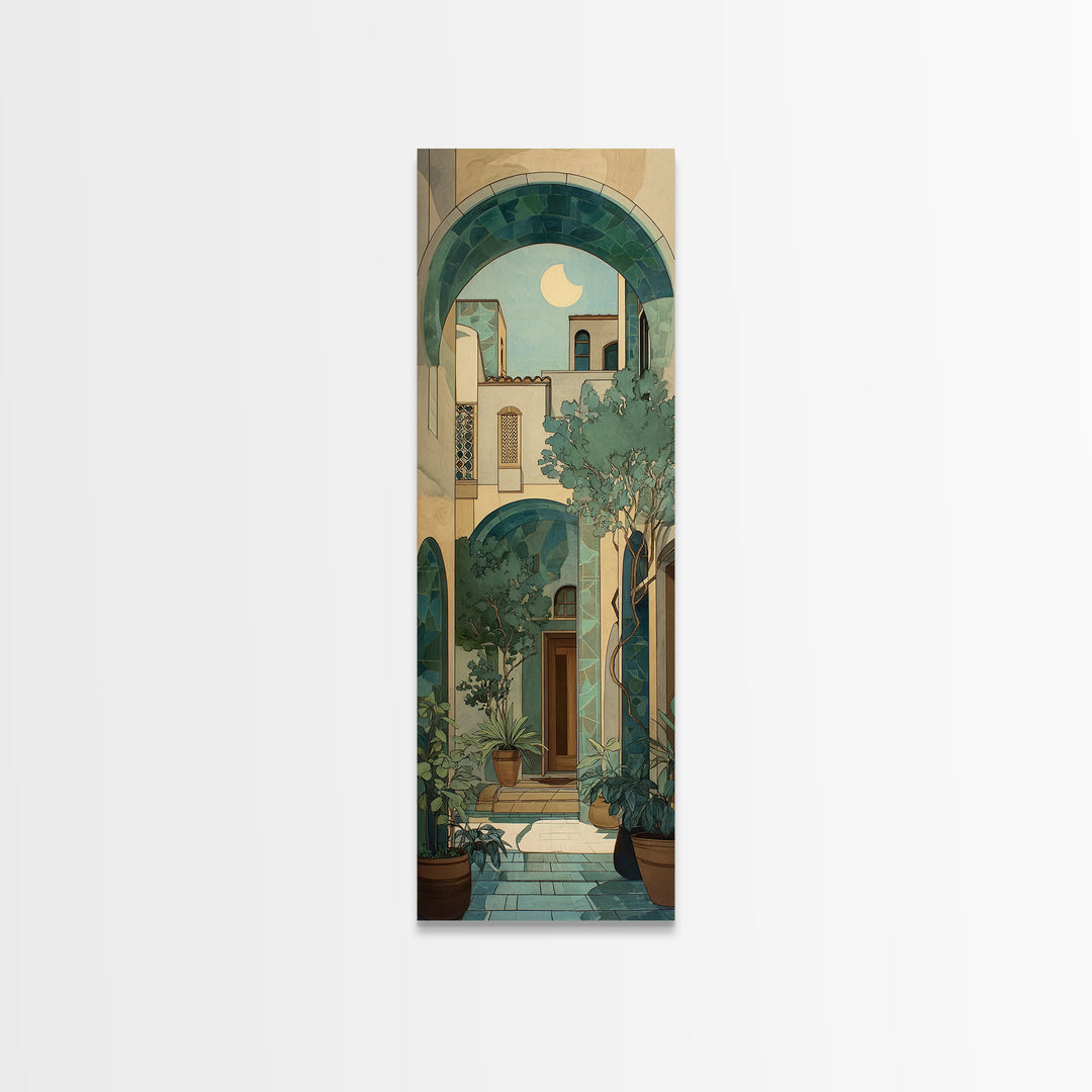 Sage Green Eucalyptus and Crescent Moon Canvas Print, Boho Art, Abstract Wall Art, Living Room Decor, Fine Art, Bohemian, BOH-1x3-35