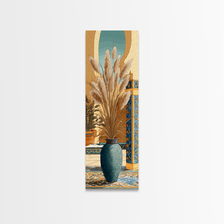 Bohemian Vase with Dried Pampas Grass Framed Canvas Print, Boho Art, Printable, Living Room Decor, Oil Painting, Bohemian, BOH-1x3-45