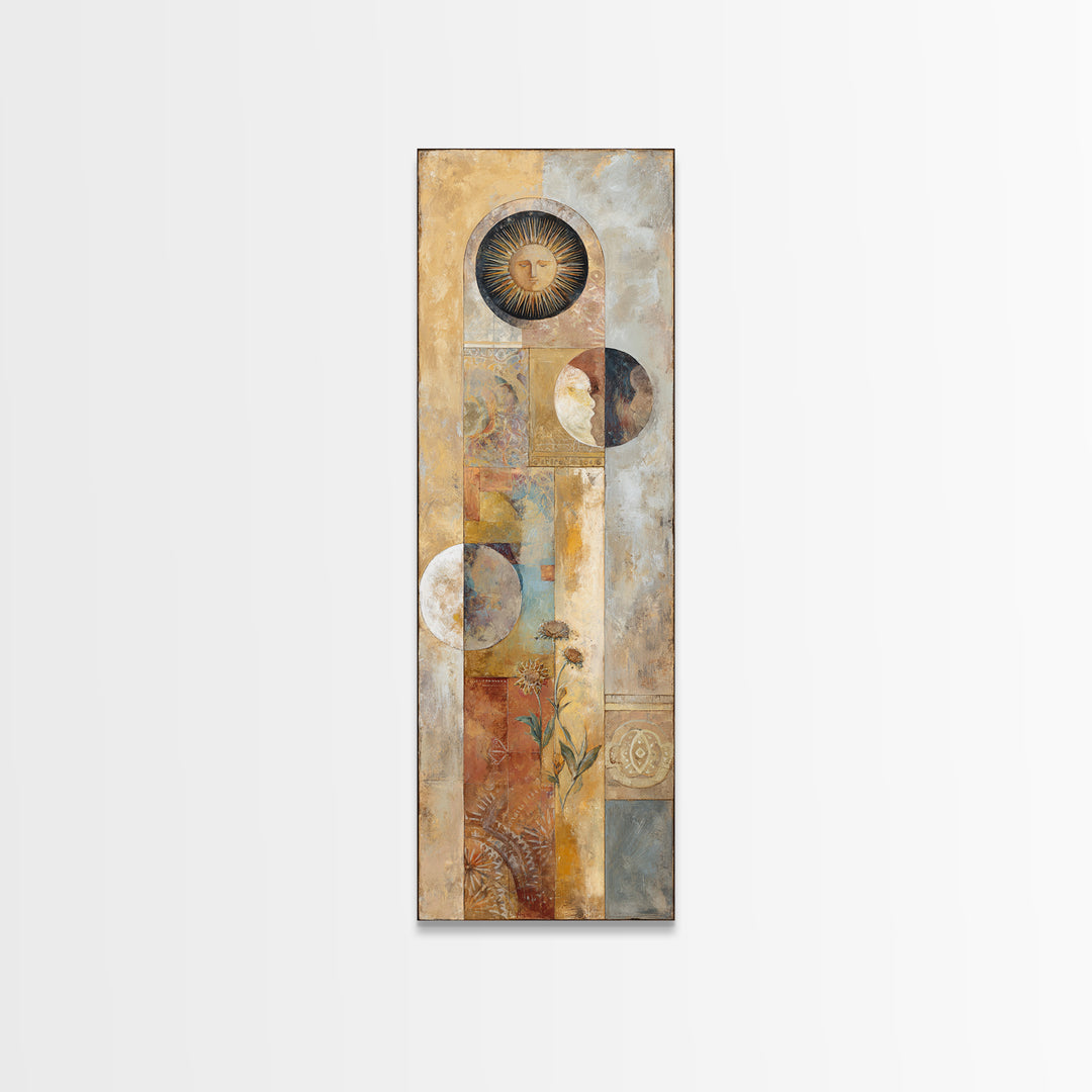 Sun and Moon Celestial Folk Motif Framed Canvas Print, Boho Art, Room Decor, Living Room Decor, Fine Art, Bohemian, Printable, BOH-1x3-46