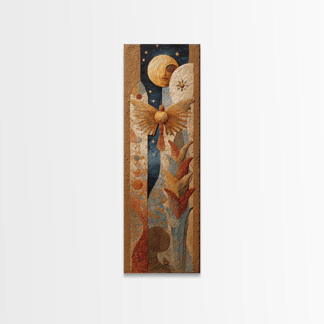 Golden Moth with Moon and Stars Framed Canvas Print, Boho Art, Prints, Living Room Decor, Fine Art, Bohemian, Abstract Art, BOH-1x3-53