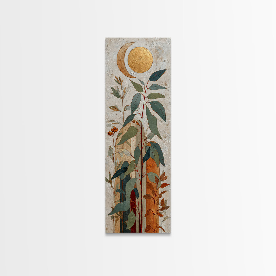 Sage Green Eucalyptus and Crescent Moon Canvas Print, Boho Art, Modern Decor, Living Room Decor, Fine Art, Bohemian, Wall Decor, BOH-1x3-59