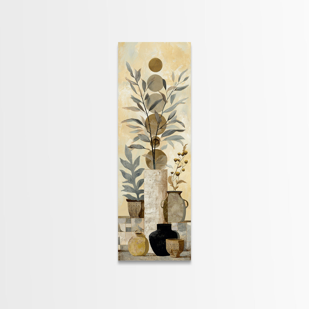 Moon Phases Above Botanical Silhouettes Framed Canvas Print, Boho Art, Living Room Decor, Oil Painting, Bohemian, BOH-1x3-62