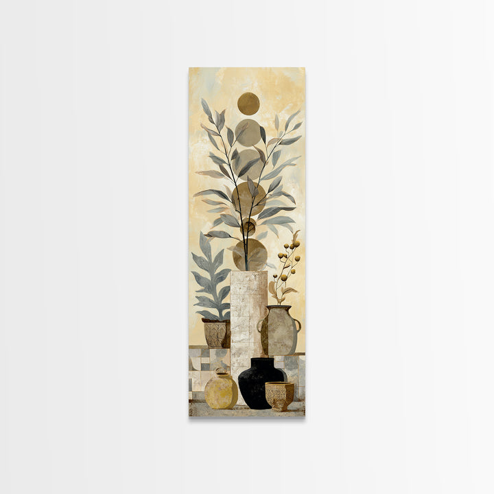Moon Phases Above Botanical Silhouettes Framed Canvas Print, Boho Art, Living Room Decor, Oil Painting, Bohemian, BOH-1x3-62
