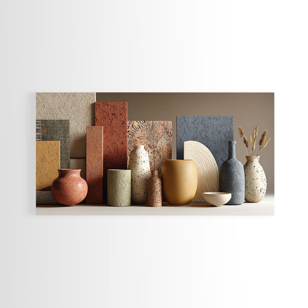 Abstract Clay Shapes Framed Canvas Print, Boho Art, Textured Painting, Living Room Decor, Abstract Art, Bohemian, BOH-2x1-12