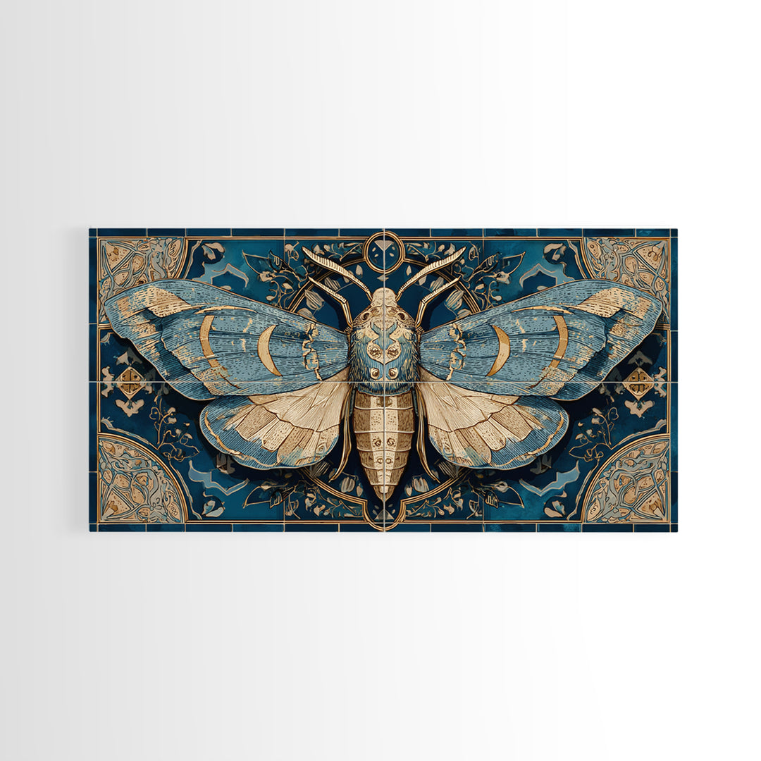 Golden Moth with Moon and Stars Framed Canvas Print, Boho Art, Boho, Living Room Decor, Fine Art, Bohemian, Wall Art Print, BOH-2x1-13