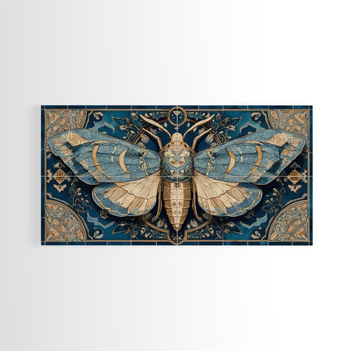 Golden Moth with Moon and Stars Framed Canvas Print, Boho Art, Boho, Living Room Decor, Fine Art, Bohemian, Wall Art Print, BOH-2x1-13