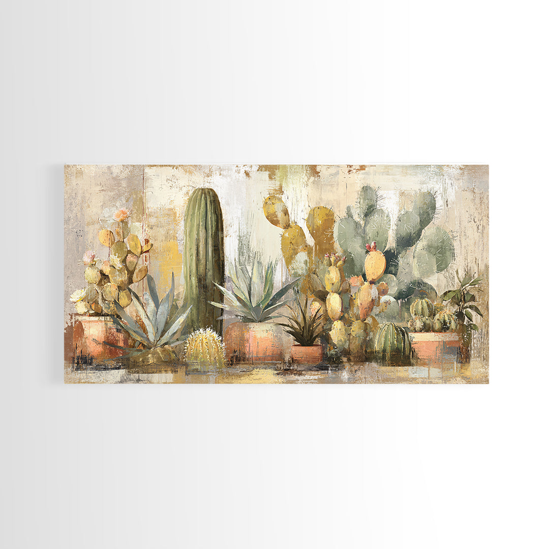 Warm Neutral Cactus Garden Illustration Framed Canvas Print, Boho Art, Living Room Decor, Watercolor Art, Bohemian, BOH-2x1-14