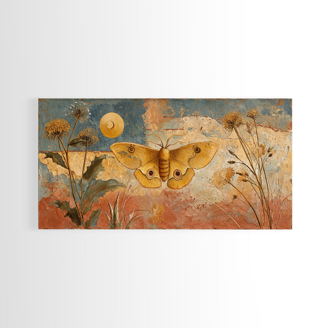 Golden Moth with Moon and Stars Framed Canvas Print, Boho Art, Boho, Living Room Decor, Fine Art, Bohemian, Wall Art Print, BOH-2x1-37